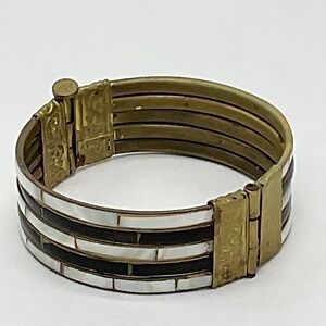 Vintage Brass Bracelet Mother of Pearl Inlay Brass Hinged Push Pin Closure 7.5